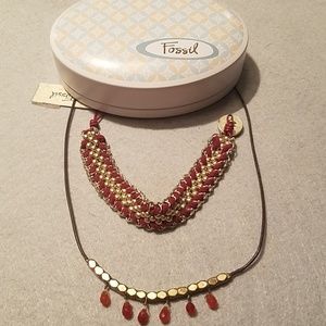 NEW Fossil Bracelet & Necklace Red & Gold Tone